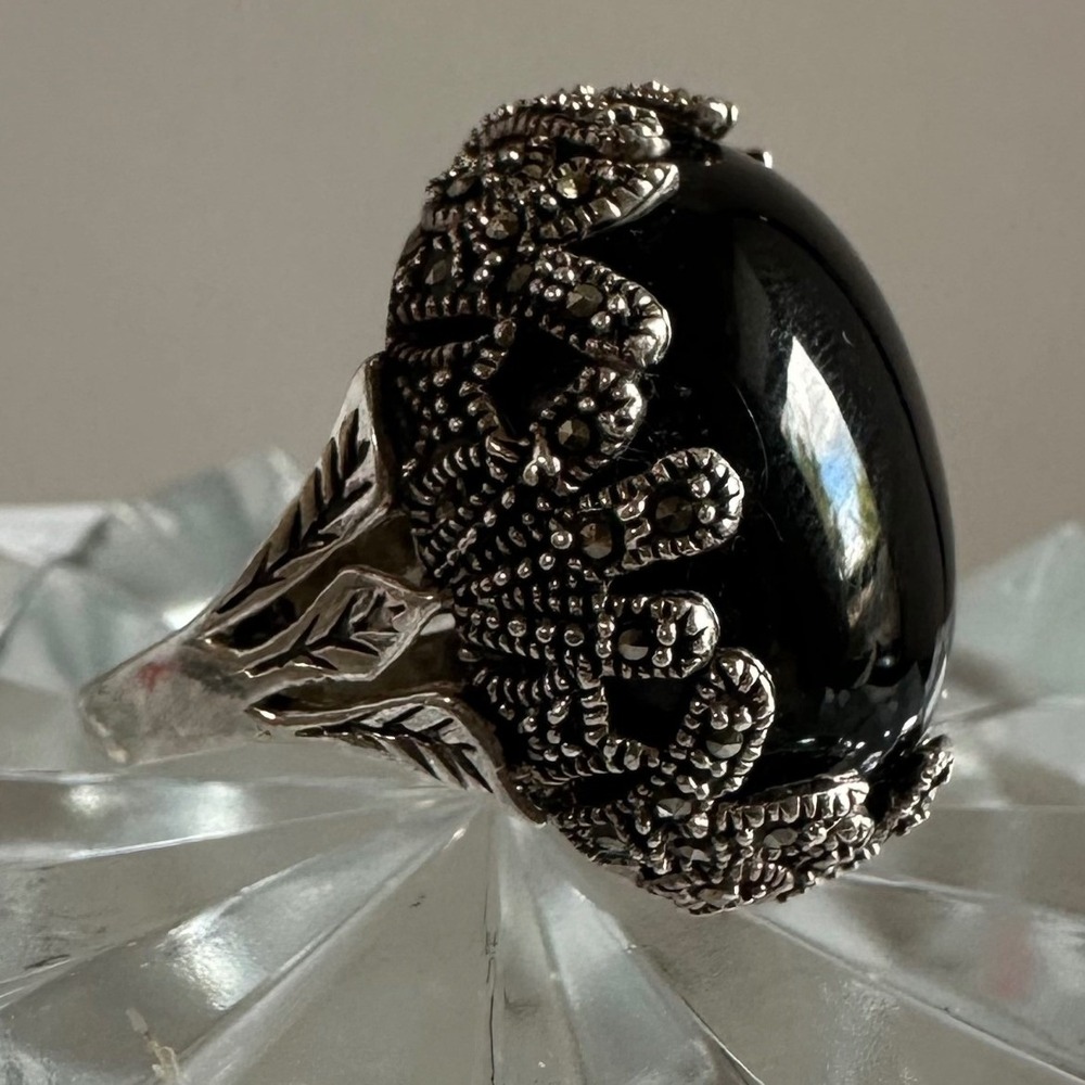 Sterling Silver 925 Black Onyx Marcasite Statement Ring Sz 5.5 Vintage Art Deco